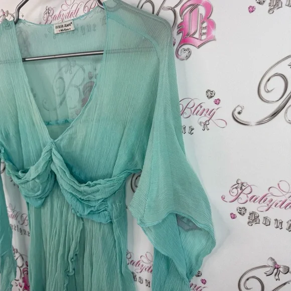 Guess top y2k fairy whimsy whimsical shirt blouse Sheer Teal Long Sleeve Top - Picture 4 of 15